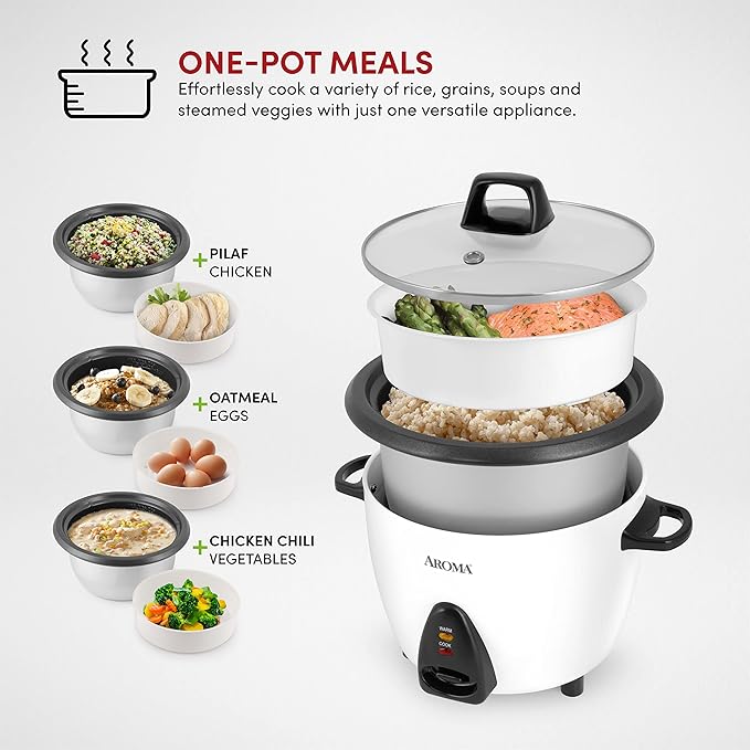 Aroma Housewares 60-Cup (Cooked) (30-Cup UNCOOKED) Commercial Rice Cooker, Stainless Steel Exterior (ARC-1130S) & ARC-360-NGP 20-Cup Pot-Style Rice Cooker & Food Steamer, White