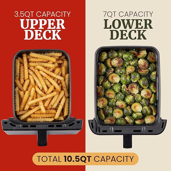 Elite Gourmet Dual Stacked Air Fryer, 10.5 Qt Total Capacity, PFAS-Free Nonstick Baskets, Sync Cook & Sync Finish, 10 Presets, 1700W, Black