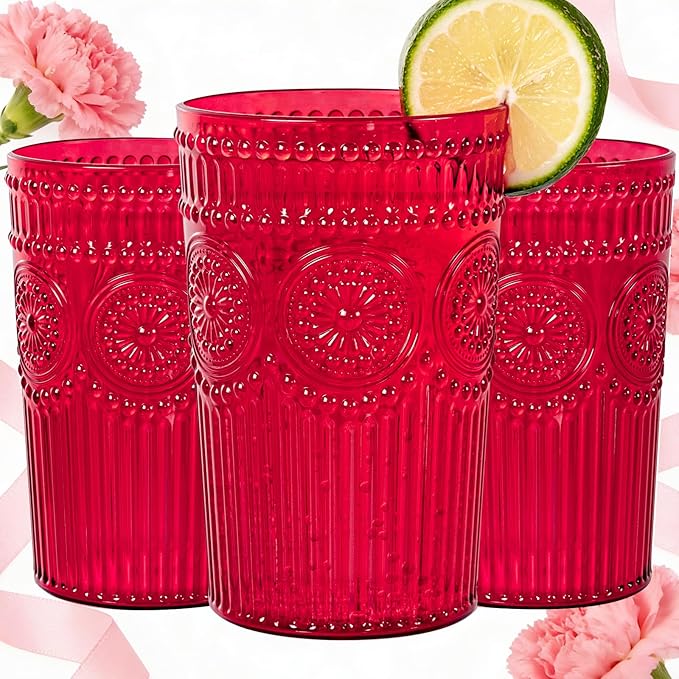 Ciaell 12 Pack Romantic Plastic Water Glasses - 14 Oz Red Vintage Drinking Glasses, Embossed Ribbed Plastic Cups, Textured Striped Set for Juice, Beverages, Beer, Cocktail & Mother's Day