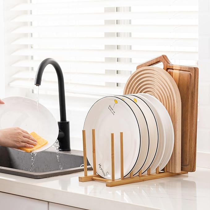 HBlife 2pcs Heighten and Widen Bamboo Dish Dying Rack Pot Lid Plate Organizer Holder for Cabinet, Cutting Board Stand Drainer Storage Plate Rack for Dish, Pot Lid, Bowl, Cup, Cutting Board and Books