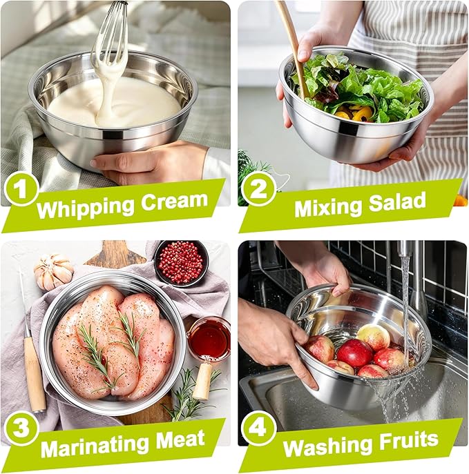 TeamFar Mixing Bowls, Stainless Steel Nesting Salad Bowls with Airtight Lids Set, For Serving/Mixing/Storing, Healthy & Long-lasting, Dishwasher Safe & Easy Clean, 4.6/3 / 1.5 QT, Colorful