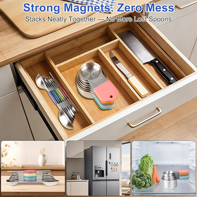 Magnetic Measuring Cups & Spoons Set, Strong N45 Magnets, Heavy Duty Stainless Steel Fits in Spice Jars for Baking & Cooking, BPA Free, Round Set of 15 with Leveler, Light Colorful