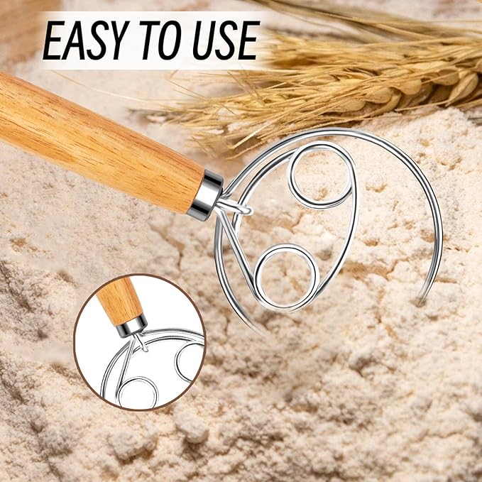 Danish Dough Whisk and Dough Hook - Stainless Steel Dutch Style Wooden Handle for Sourdough, Bread, Pastry Dough Mixing Tools