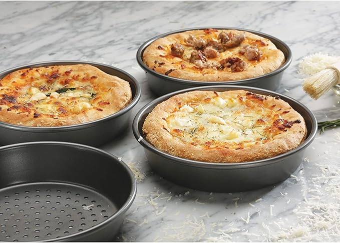 Chicago Metallic Deep Dish Pizza Pan Set of 4, 7 Inch Personal Size, Heavy-Duty Carbon Steel with Perforated Bottom for Crispy Crust, Perfect for Family Pizza Night