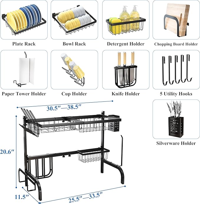 SAYZH Over The Sink Dish Drying Rack, Adjustable (25.5 to 33.5 inch) 2 Tier Metal Steel Dish Drying Racks for Kitchen Counter with Hooks Paper Towel Utensil Cup Holder Sink Caddy (Black)