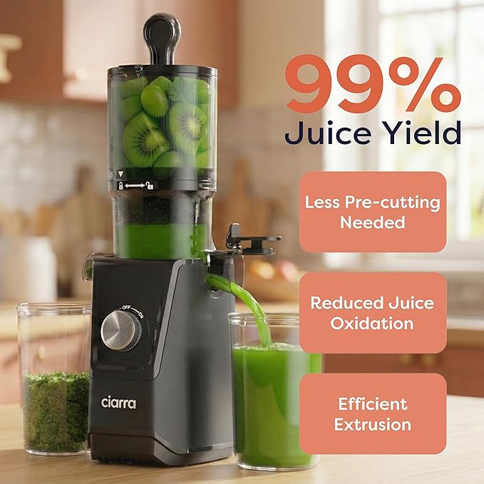 Ciarra Cold Press Juicer - 4.3” XL Feed Chute, Quiet Motor, 406Oz BPA-Free Juicer Machines, 99% Juice Yield Slow Masticating Juicer for Whole Fruits & Vegetables, Easy to Clean