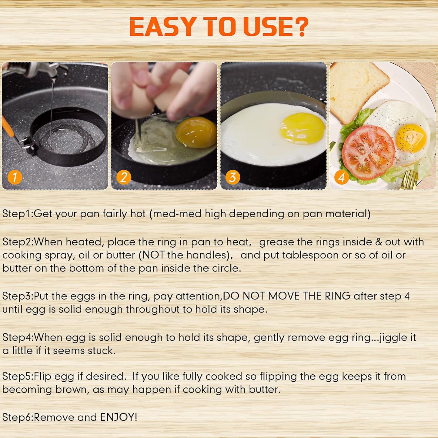 Patelai 6 Pcs Professional Egg Ring Pancake Ring Set Stainless Steel Fried Egg Molds Griddle Pancake Shapers with Orange Silicone Handle for Breakfast Omelette Sandwich(4 Inch)