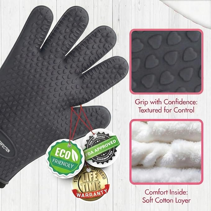 KITCHEN PERFECTION S Silicone Smoker Oven Gloves for Women -Extreme Heat Resistant BBQ Gloves -Handle Hot Food Right on Your Grill Fryer |Waterproof Oven Mitts for Cooking |Superior Set+3 Bonuses