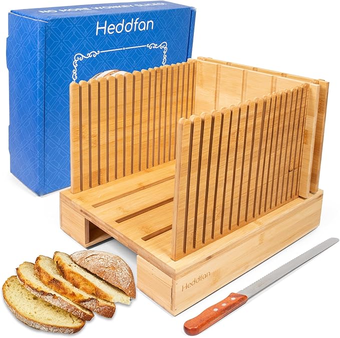 Bamboo Bread Slicer For Homemade Bread - Built-In Knife Slot, Crumb Catcher & Storage Compartment - Adjustable Extra Wide & High For Sourdough - Long 12” Knife Blade Included