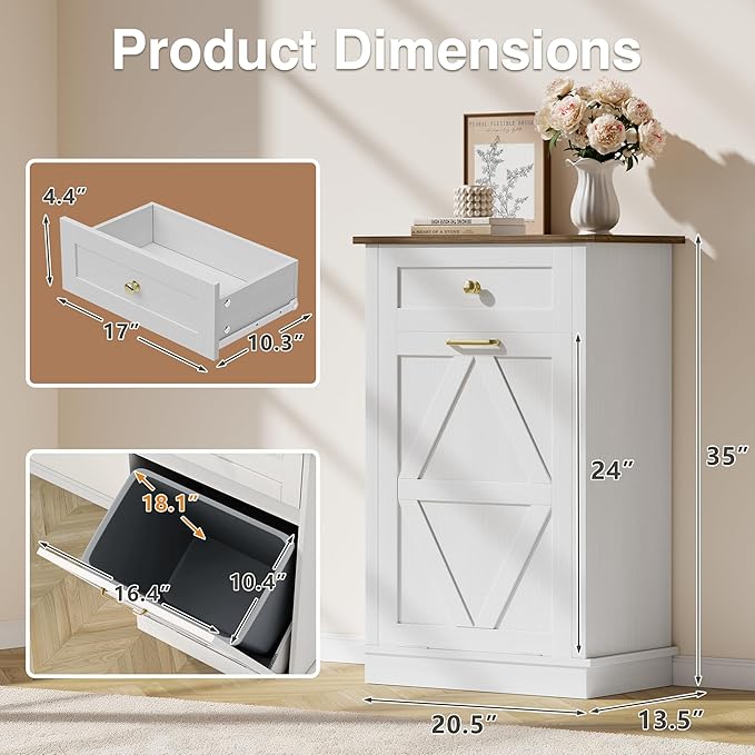 JUMMICO Tilt-Out Trash Can Cabinet, 10 Gallon Laundry Hamper Cabinets with Drawers, for Kitchen, Dining Room and Living Room (White, 1 Piece)