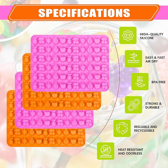Set of 8 Fruit Snack Molds Silicone Bpa Free, Gummy Molds Trays for Candy Chocolate Gummies Baking - with 2 Dropper & 2 Cleaning Brush(Cherries Grape Banana Apple Pineapple)