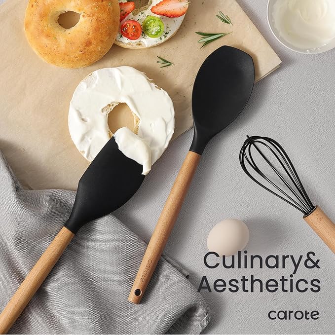 CAROTE Silicone Cooking Utensils Set for Nonstick Cookware, 446°F Heat Resistant Kitchen Utensil Set with Wooden Handle 10pcs, Spatula, Turner, Spoon, Tongs, Whisk