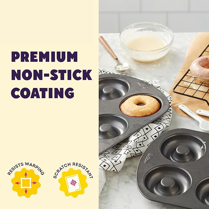 Wilton Gold Non-Stick Donut Pan Set - Quality Baking Pan - Dishwasher Safe & Scratch Resistant - Made Without PFAS - 12.5 x 8 x 1 Inch, 2-Piece Set