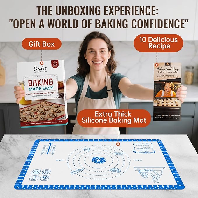 Silicone Baking Mat with 10 Useful Recipes, Silicone Mat for Baking,Cookie, Macaron, Pizza, Bread, Surdough,Silicone Sheet for Dough Rolling out 480°F Oven Safe
