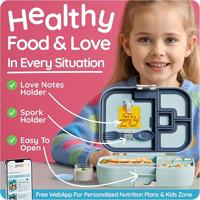 YOOPI Lunch Boxes for Kids–Toddler Bento Box with 4 Leakproof Compartment Food Bentobox Container,Lunch Box for School with Lunchbox Containers, Lightweight Sandwich Box & Snack Box (Aqua)