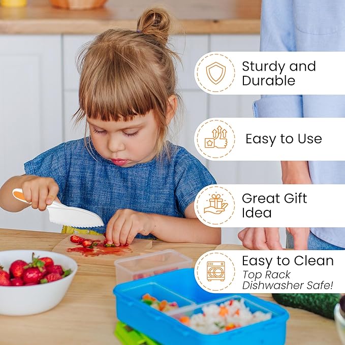 Zulay 3-Piece Kids Knife Set for Real Cooking & Baking - Toddler Knives for Cutting Fruits, Veggies, & Cake - Children’s Montessori Knife with Serrated Edges - Safe & Fun Lettuce Knife (Orange)