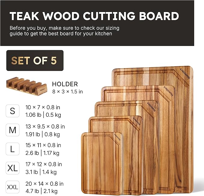 5 Pack Teak Wood Cutting Board Set with Holder Non Slip Over Sink Wooden Chopping Board for Fresh Meat Vegetable Thick Haus Perfect for Charcuterie Juice Groove Bread Boards for Kitchen