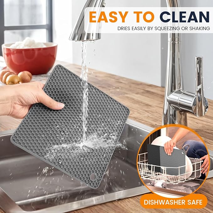 Silicone Trivet Mats 4 Heat Resistant Pot Holders Multipurpose Non-Slip Hot Pads for Kitchen Potholders, Drying mat, Jar Opener, Spoon Holder, Coaster.(Black Dark Gray)