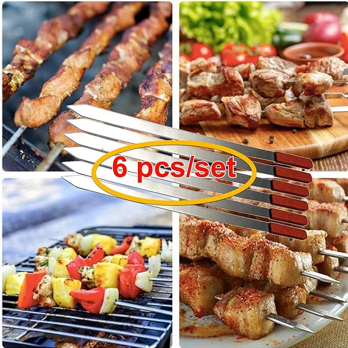 Premium Stainless Steel Barbecue Skewers BBQ Outdoor Grill Skewer stick Barbecue Fork with Solid Wood Handle for Grilling Shish Kebob Koubideh Persian Brazilian Kebab 1" wide + 1 Free Skewer (6pcs)