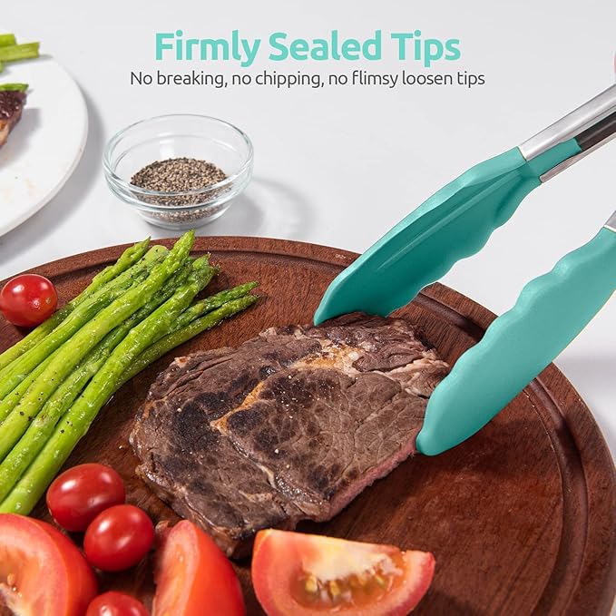 Heat Resistant Silicone Kitchen Tong: U-Taste 16 inch Extra Long Large 480ºF Hot Proof Cooking Tong with Sturdy Non Stick Rubber Tips & Non Slip Silicon Coated Steel Handle for Grilling BBQ (Aqua Sky)