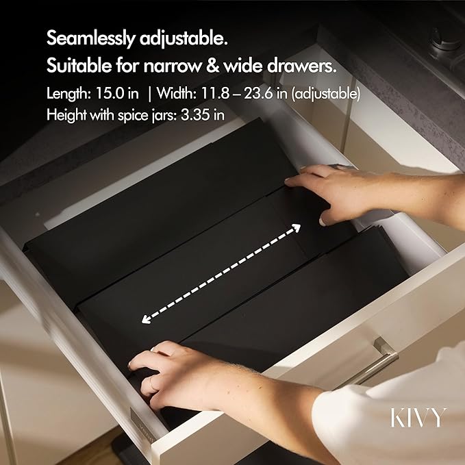 KIVY Drawer Spice Organizer + 24 Jars & 240 Labels - Seasoning Rack for Organization - Kitchen Drawer Insert for Spice Jars - Glass Seasoning Jars with Airtight Lids - Glass Spice Jars with Label