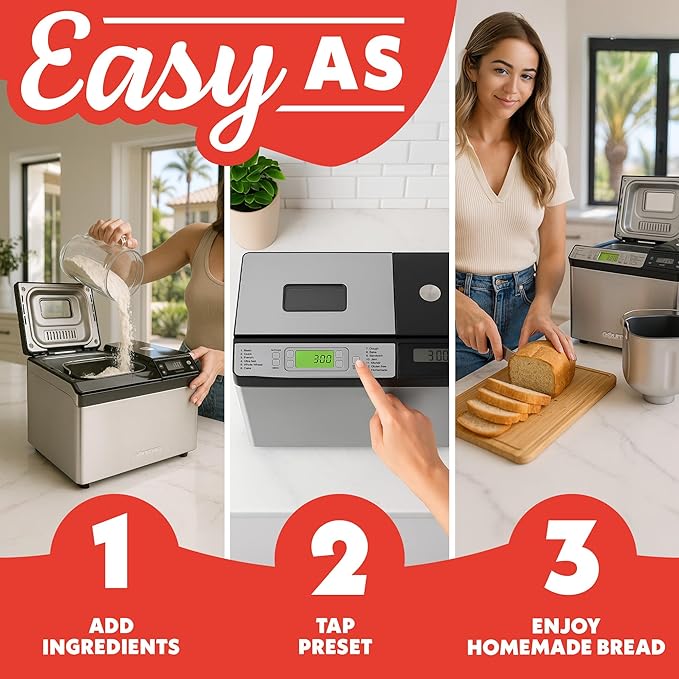 Gourmia Bread Maker with 2 LB Loaf Capacity - 13 Presets Jam Mode, Automatic Ingredient Dispenser, Customizable Crust Options, Keep Warm & Delay Start, Dishwasher Safe Parts