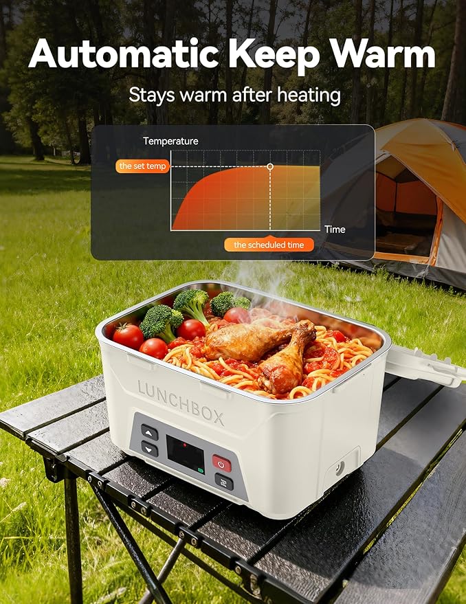 EAST OAK Heated Lunch Box for Men, Electric Lunch Box for Adults, 5.5 Cups Cordless Portable Food Warmer, Rechargeable Self Heating Food Heater with Memory Function, Automatic Keep Warm(White)