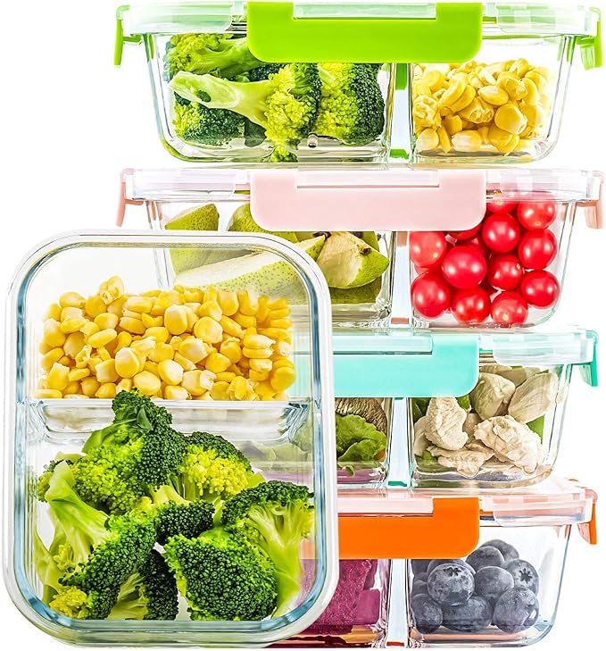 CREST Glass Meal Prep Containers 2 Compartment Set, 5-Pack, 34oz,Divided Bento Lunch Boxes with Lids for Adults