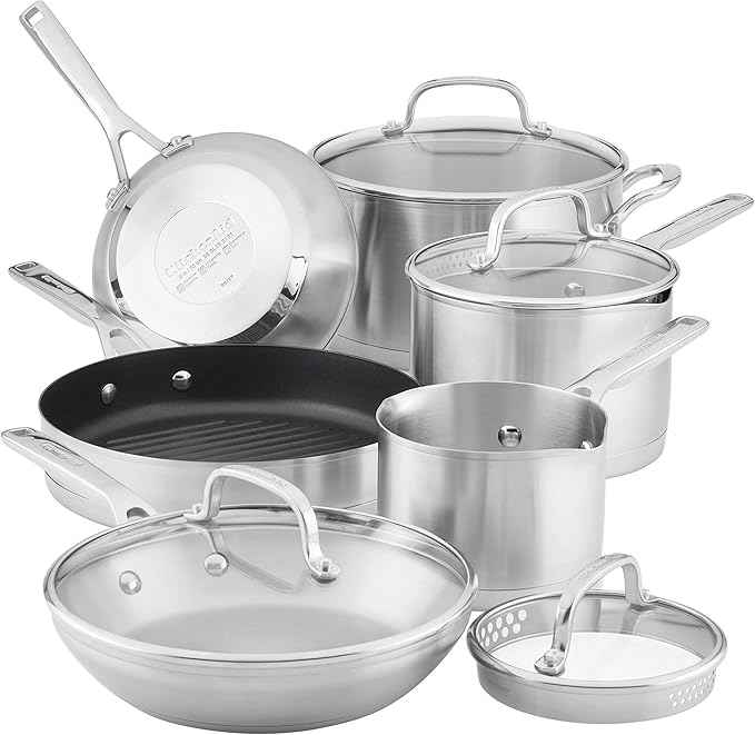 KitchenAid 3-Ply Base Brushed Stainless Steel Induction Pots and Pans Set with Nonstick Round Grill Pan and Lids, Dishwasher Safe, 10 Piece Cookware Set, Brushed Stainless Steel