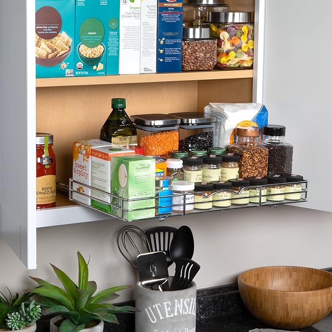 Pull-Out Cabinet Spice Rack Organizer - Slim Slide-Out Storage for Spices, Bottles & Jars, Premium Heavy-Duty Steel, Easy Install for Narrow Kitchen Cabinets - 20 ⅜ W x 10 ½ D x 2 ¾ H, Chrome