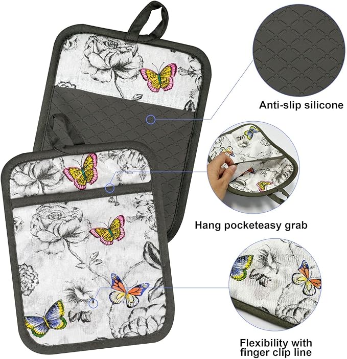 Alselo Oven Mitts and Pot Holders with Chaf Apron,Set of 5 Heat Resistant Kitchen Gloves and Silicone Non-Slip Potholders Adjustable Neck Buckle Apron, Cotton Nice Design for Cooking (Butterfly)