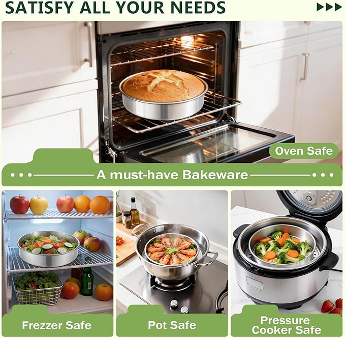 P&P CHEF 9 Inch Cake Pan Set of 2, 2 Pieces Round Layer Cake Baking Pans, Stainless Steel Smash Cake Tin Bakeware for Cooking Steaming, Nontoxic & Sturdy, Oven & Dishwasher Safe