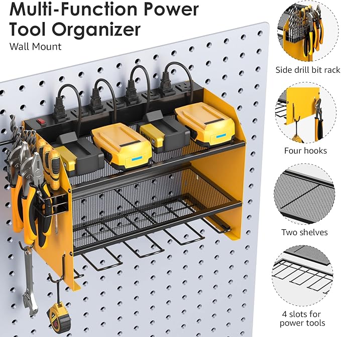 CCCEI Modular Power Tool Organizer Wall Mount with Charging Station. Garage Drill Storage Shelf with Hooks, Heavy Duty Rack, Tool Battery Holder Built in 8 Outlet. Gift for Men. Yellow, 2 Pack.