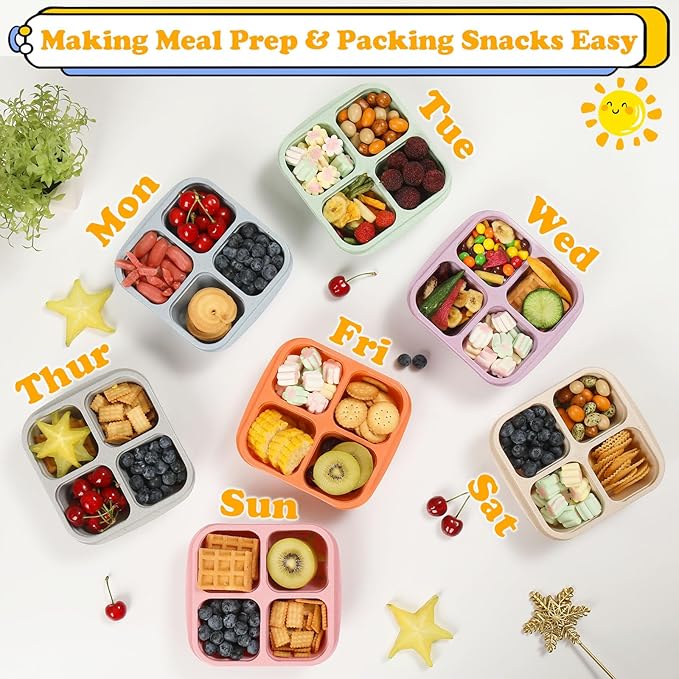 7 Pack Meal Prep Containers, 4 Compartment Bento Snack Boxes, Reusable Divided Lunch Box Containers for Adults, Kids, Toddlers, Travel, Work, School