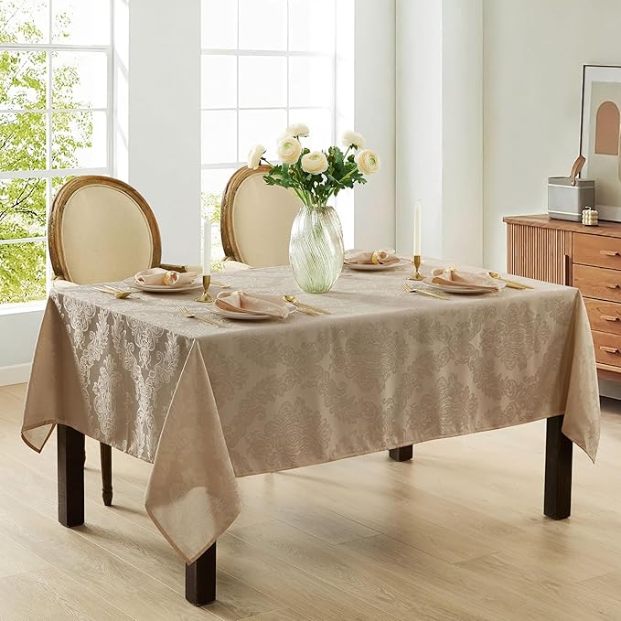 Newbridge Barcelona Luxury Damask Fabric Tablecloth, 52” Wide x 70” Rectangle, Golden Beige, 100% Polyester, No Iron, Soil Resistant Dining Room, Party and Banquet Table Cover