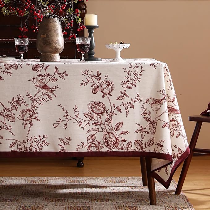 ISAENNE Designer Vintage Linen Table Cloth for Rectangle Table,Red Floral Pattern Linen Stain Resistant Tablecloth,Decor Tablecloths for Dining Thanksgiving Kitchen Party,55"*79"-Harmony