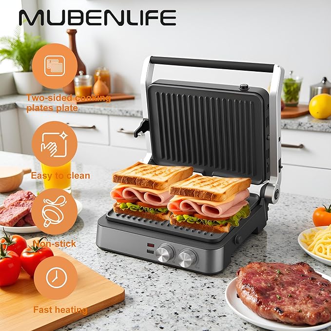 Panini Press,4 Slices Contact Grill with Removable Non-Stick Coated Grill and Flat Plates,Panini Makers with Temperature Control and Timer,Open 180 Degrees,Grill and Griddle (Half black with sus)