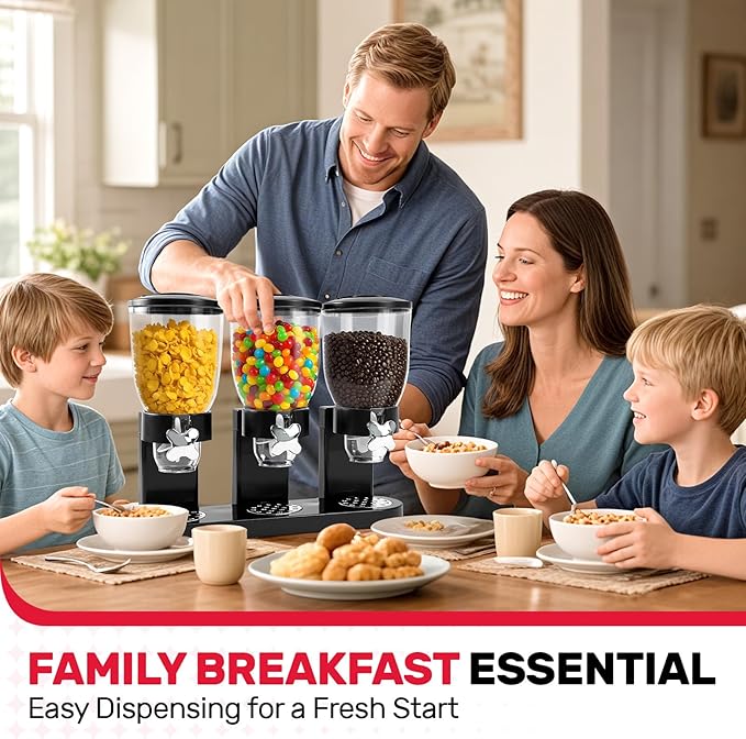 Triple Cereal Dispenser Countertop - 3 Pack 2L Large Cereal Containers Storage Airtight, Rotating Black Plastic Dry Food Dispenser for Cereal, Rice, Grains, Candy, Coffee Beans