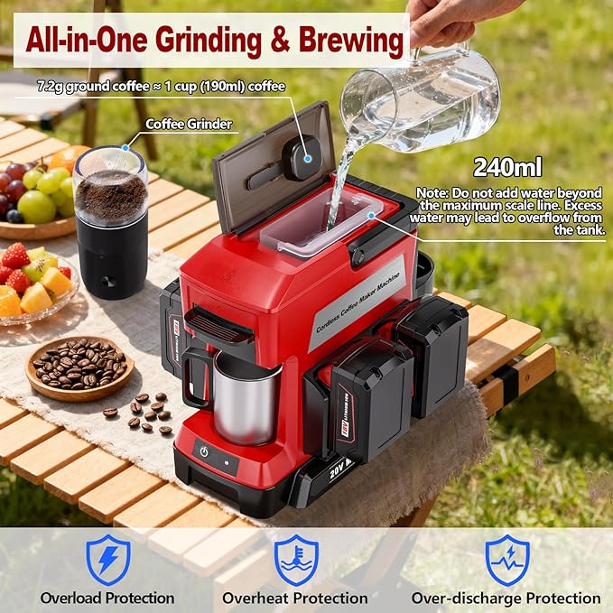 Taingwei Cordless Coffee Maker for Milwaukee M18 18V Battery, Portable Drip Coffee Maker with Electric Coffee Grinder for RV, Camping, Travel, Car, Hiking (Battery Not Included)