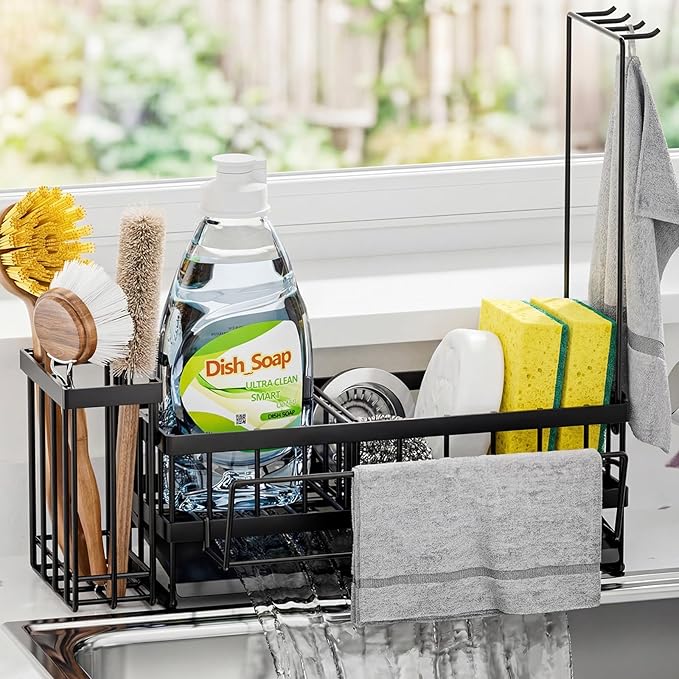 Sponge Holder for Kitchen Sink – Rustproof Stainless Steel with Detachable Drainboard, Brush Rack & Towel Bar | Compact, Non-Slip Design for Countertop Bathroom