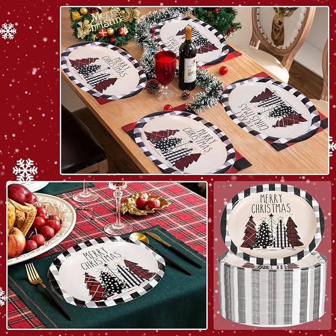 WDF 50Pack Christmas Paper Plates - 10"x12" Christmas Tree Plates Christmas Oval Paper Checkered Plates - Dinner Size Large Disposable Platter Heavy Duty for Happy Christmas Serving