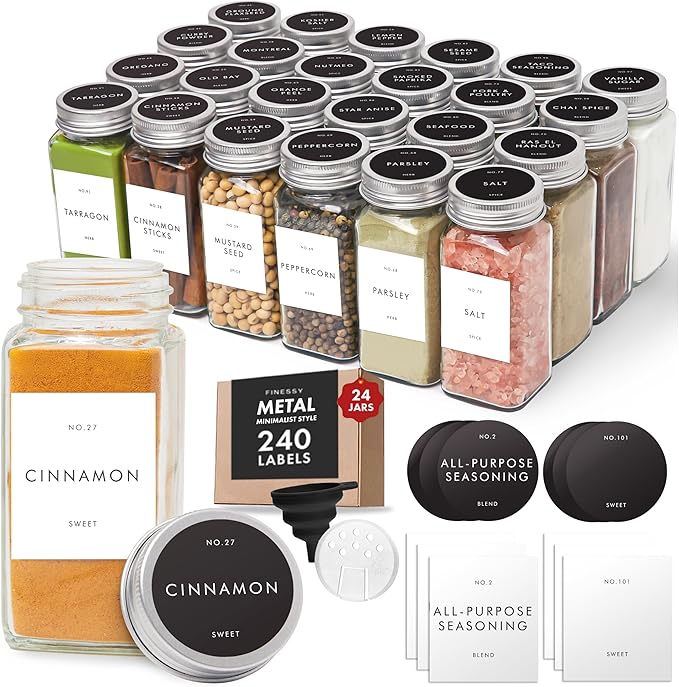 Glass Spice Jars with Labels with Metal Lids and Shakers Minimalist 24 Pack Set, 4oz Small Clear Empty Spice Bottles Seasoning Containers with Label Organizer Square Herb Seasoning Jars for Kitchen