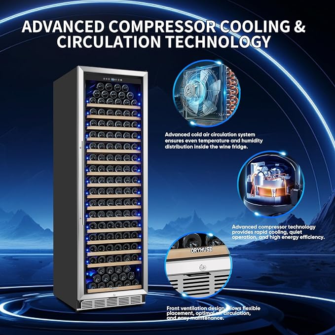 ORYMUSE Large 200 Bottle Wine Fridge - 24 Inch Wine Cooler Refrigerator, Freestanding and Built-in Design, Upgraded Compressor Cooling, Intelligent Temperature Memory