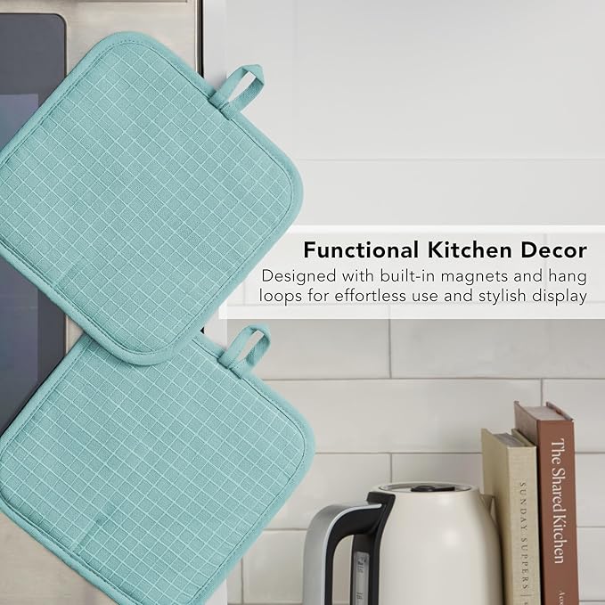 KITCHENAID Gourmet Series Gridlines Pot Holders 2-Pack Set, Heat Resistant up to 600°F, Soft Silicone Grip, Magnetic Cuff, Mineral Water Aqua, 8"x8"