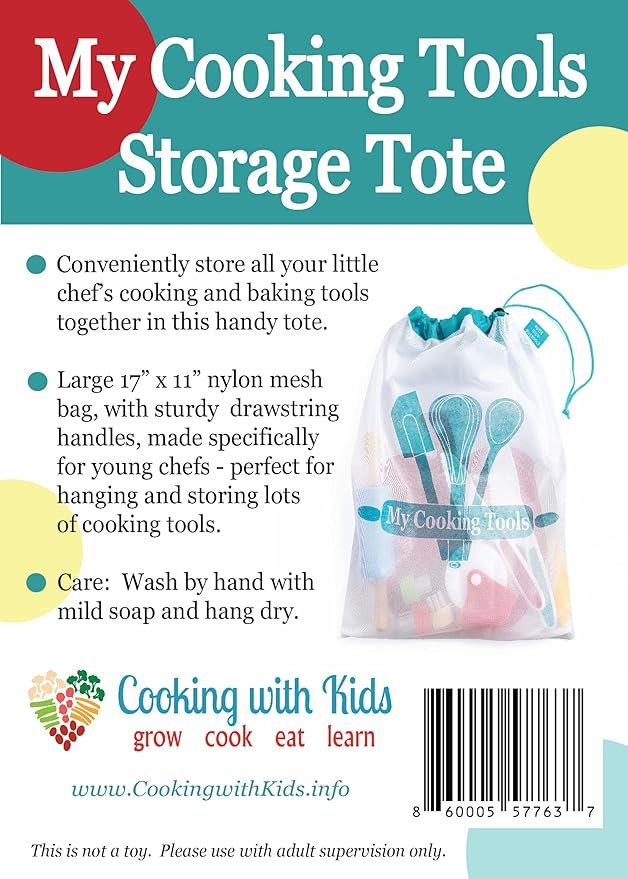 Cooking with Kids - Turquoise Nylon Mesh Storage Bag - Kids' Cooking & Baking Tools - 17" x 11" - Drawstring Closure - Hanging, Sturdy Handles