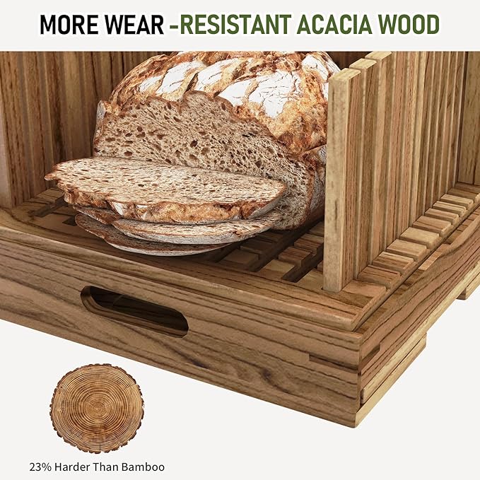 Acacia Wood Bread Slicer for Homemade Bread and Sourdough, Adjustable Width up to 10.4", 2-in-1 Bread Cutter with Pull-Out Serving Tray, Large Wide Capacity Bread Making Tool