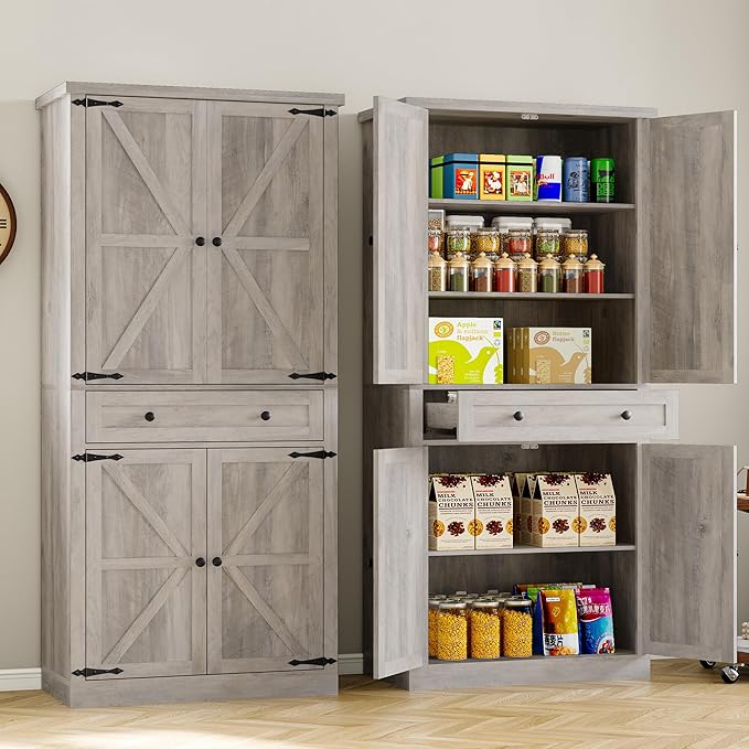 Pantry Organizers and Storage Cabinet, 70” Barn Door White Kitchen Cabinet with Drawers and Adjustable Shelf, Tall Pantry for Kitchen, Dining Room, Living Room Bedroom