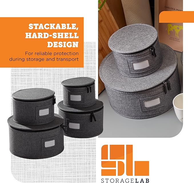 storageLAB China Storage Containers, Hard Shell Case with Felt Dividers for Charger Plates, and Dishes, Ideal for Kitchen Organization, Moving Supplies, and Fine China Storage - 4-Piece Set, Gray
