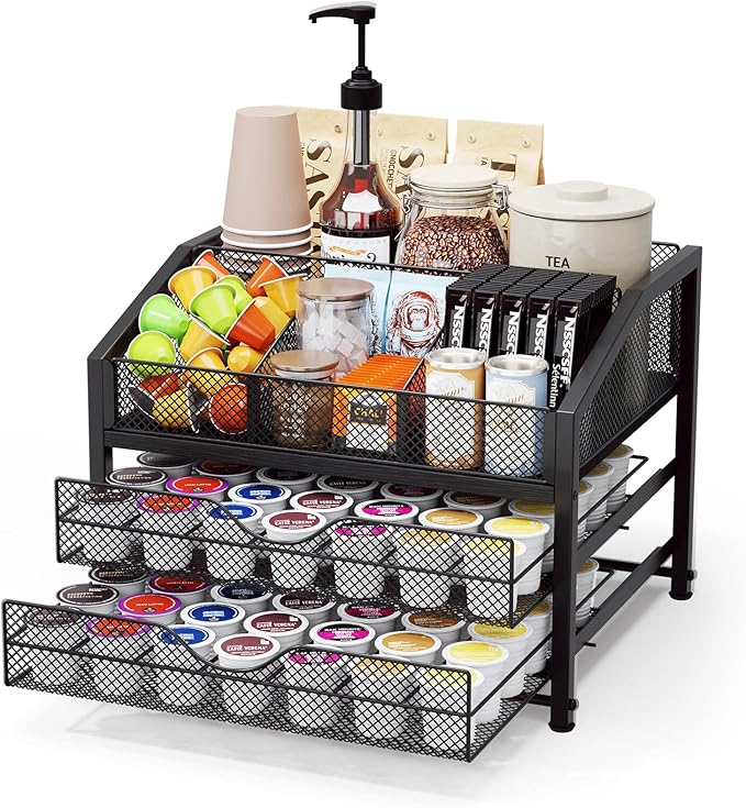 Homsorout Coffee Bar Organizer - Coffee Station for Countertop, Metal and Wood K Cup holder Storage Basket for Syrup, Cups, Stirrer, Condiment, Tea Organizer, Black