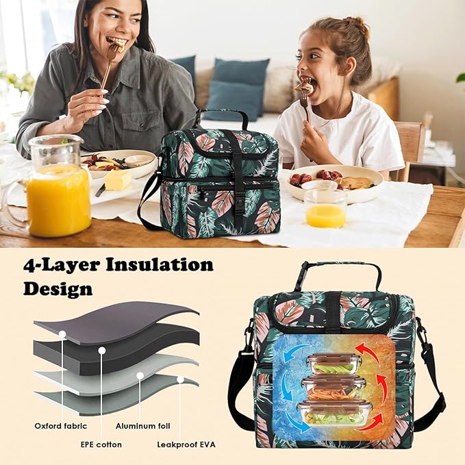 PBRO Double Deck Insulated Lunch Bag for Women,Large Reusable Lunch Box with Adjustable Shoulder Belt,Side Pockets,Cute Tropic Leaves Leakproof Lunch Tote Cooler Bag for Adult Picnic,Working -Green